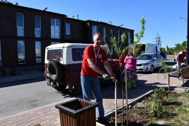 In Chernihiv, Ukrainian Red Cross Volunteers Planted Tree Saplings on a Playground in a Modular Town