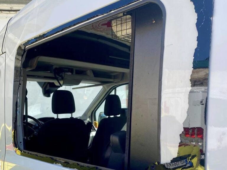Ukrainian Red Cross Vehicle Damaged During Rocket Attack on Kyiv